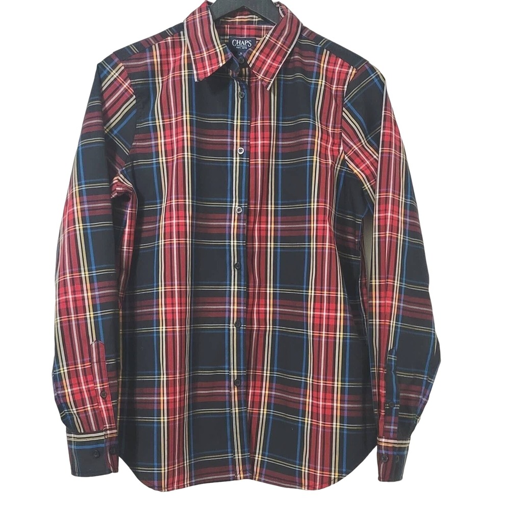 Chaps No Iron Plaid Button‎ Up Shirt M Red Black Long Sleeve Holiday Preppy
